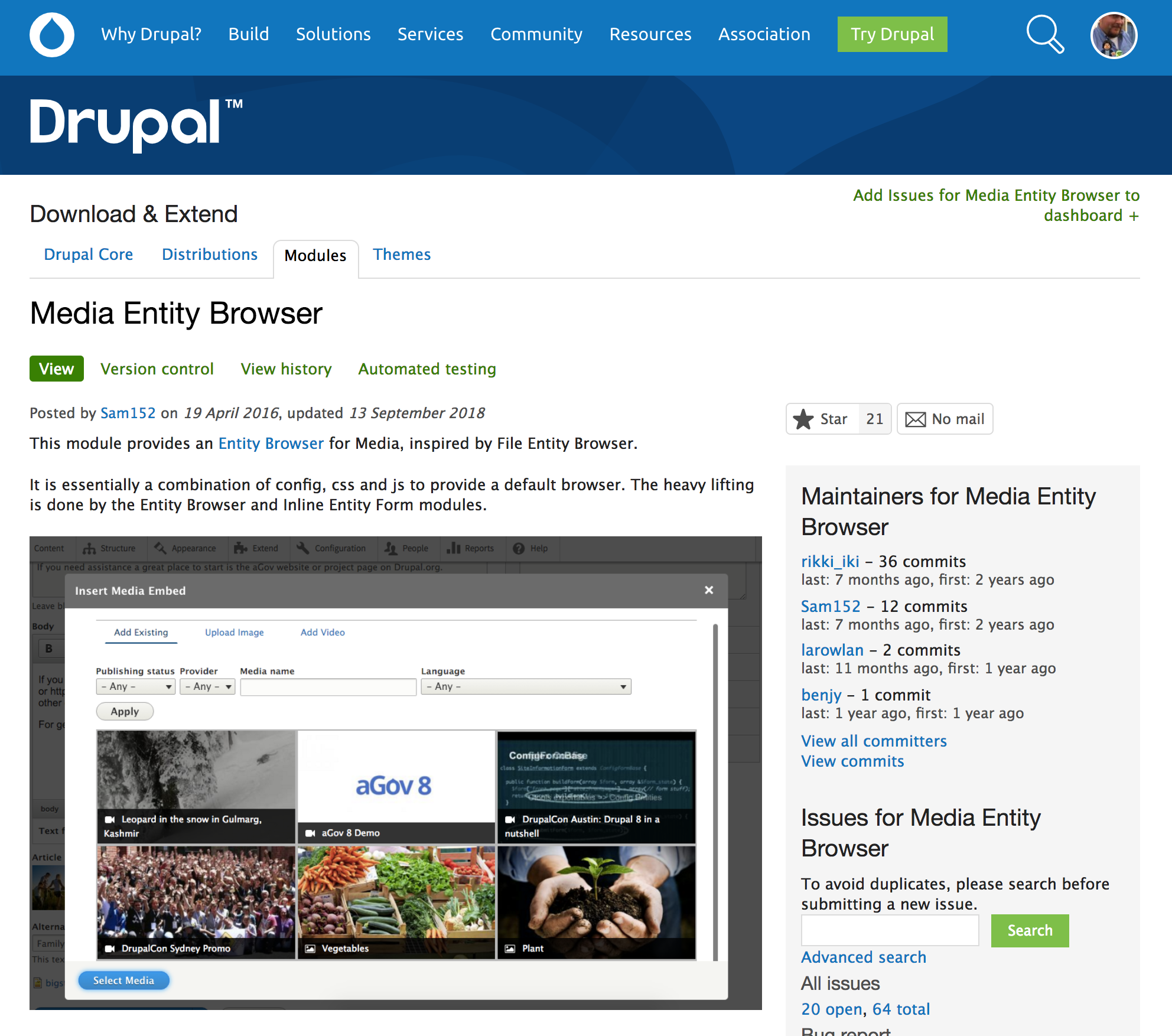 Drupal Media Entity Browser module page